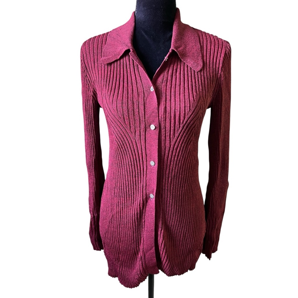 Simon Miller Palo Knit Top Deep Red Button Front Collared Cardigan Sweater XS - Picture 6 of 12